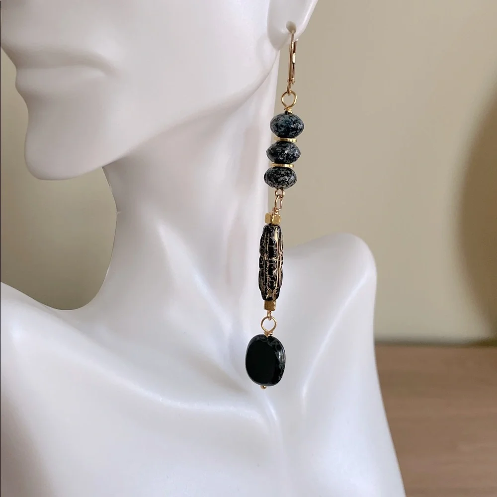 HAND CRAFTED CZECH GLASS EARRINGS Black Gold Long Bohemian Dangles